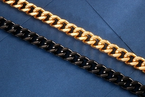 Close-up of gold and black Cuban link chains with a polished metallic finish in punk style