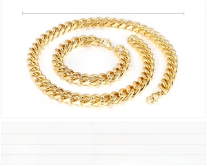 Detailed specs for gold stainless steel Cuban chain necklace and bracelet set