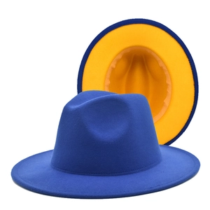 Classic wide-brim wool fedora hat in vibrant royal blue and bright yellow contrast