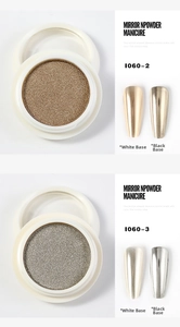 Detailed comparison of golden and silver mirror nail powder on black and white bases