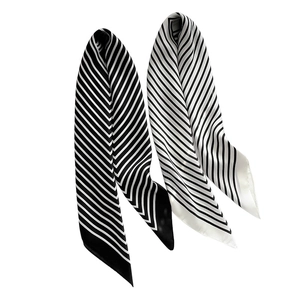 Striped 70cm silk-like fashion square scarf in black and white striped pattern