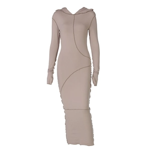 Slim fit khaki hooded maxi dress with long sleeves and exposed seam detailing