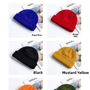Collage showing various colors of ribbed knit beanies with a soft textured finish