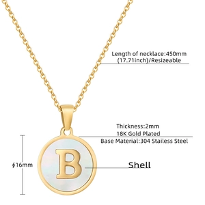 Detail of 18K gold plated necklace with shell letter B pendant and size specifications
