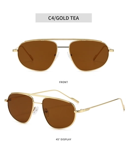 Front and 45-degree views of gold metal aviator sunglasses with brown tea lenses