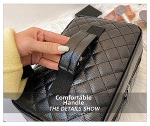 Detail showing the comfortable thickened PU handle and quilted diamond pattern on the bag