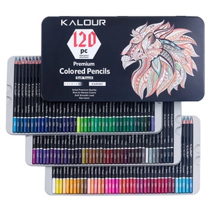Detail of 120 vibrant colored pencils set in three layers with premium metal storage tin