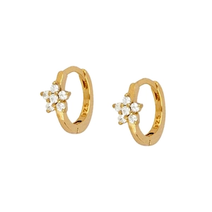 Macro shot of 925 silver gold-plated five-petal flower hoop earrings with white zircon