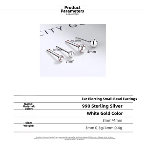 Detailed size specifications for S999 sterling silver ball earrings in 3mm and 4mm