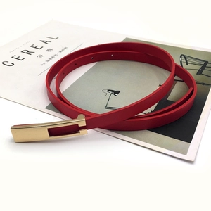 Detail shot of a slim red leather belt with a golden geometric buckle on a magazine