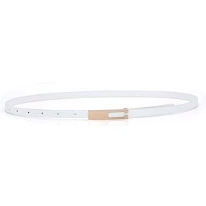 Slim white leather belt for women with elegant gold rectangular buckle on white background