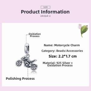 Detailed view of S925 sterling silver motorcycle charm with size 2.2x1.7cm for DIY jewelry