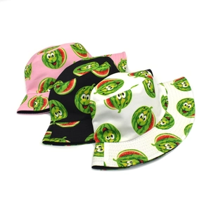 Three-piece watermelon print bucket hats for men and women in pink, black, and white