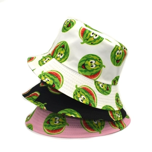 Reversible bucket hats with cute cartoon watermelon print in black, white and pink colors
