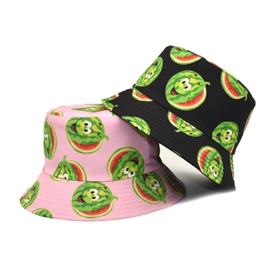 Cartoon Watermelon Print Cotton Bucket Hat Wide Brim Breathable Sun Protection Outdoor Beach Fisherman Hat Unisex