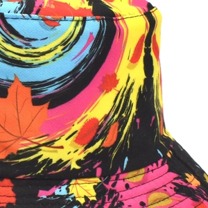 Detail of colorful maple leaf print and stitching on twill cotton bucket hat