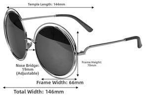 Detailed technical diagram of vintage double-rim round metal sunglasses with size measurements