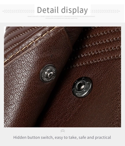 Detail of dark brown leather wallet showing stitching and hidden snap button closure