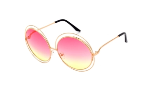 Detail of vintage round metal sunglasses with pink to yellow gradient lenses and gold frame