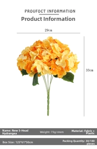 Detailed view of artificial orange hydrangea bouquet with five silk flower heads