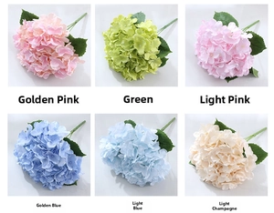 Close-up of artificial hydrangea silk petals and textured leaves in six vibrant colors