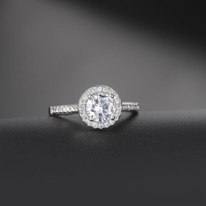 Classic silver-tone halo engagement ring with round brilliant AAA zircon and micro-pave setting
