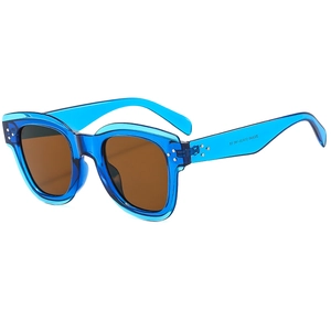Modern retro sunglasses in transparent blue frame with brown tinted lenses and rice nail detail