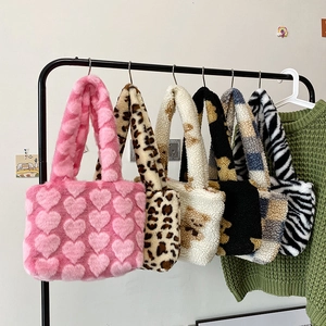 Women Faux Fur Plush Tote Bag Soft Heart Pattern Leopard Print Cute Kawaii Shoulder Handbag For Autumn Winter Girls