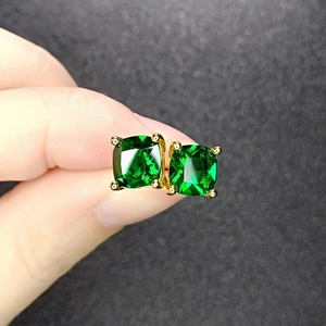 Square cushion-cut green emerald stud earrings in 4-prong gold setting for women