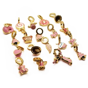Pink enamel brass charms in deer and heart shapes for DIY bracelet jewelry making
