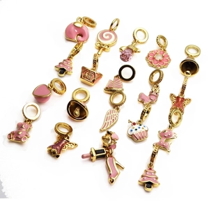 Pink and gold enamel charms collection featuring bear, flower and deer for DIY jewelry