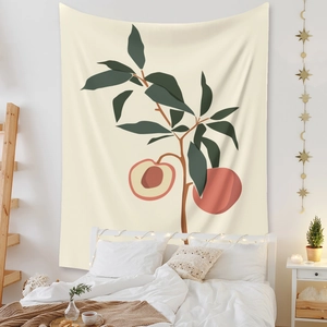 Bohemian peach fruit tapestry hanging on a white bedroom wall for cozy home decoration