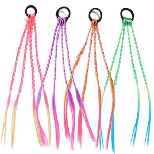 Kids hair ties with gradient braided ponytail extensions in multiple pastel colors