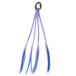 Detail of four purple to blue gradient braided hair extensions on a black elastic hair tie