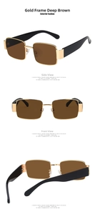 Detailed views of gold frame square sunglasses with dark brown lenses and wide black temples