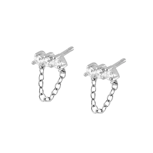 Elegant s925 silver stud earrings with three zircons and a delicate hanging chain loop