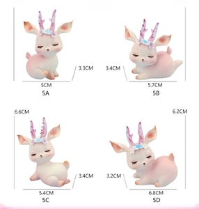 Miniature resin deer figurines in pink with size charts and four cute resting poses