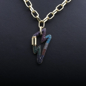 Hip hop gold necklace with colorful zircon lightning pendant and spring clasp design