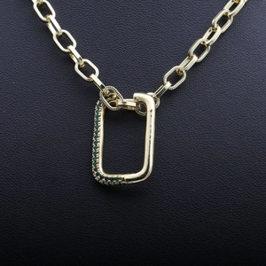 Hip Hop gold paperclip chain necklace with a green gemstone rectangular pendant
