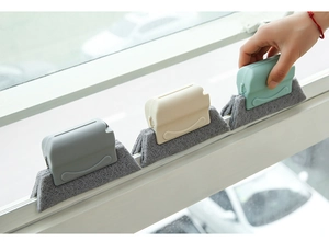 Window track cleaning brushes with scouring pads in grey, beige, and light blue colors