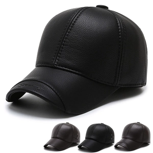 Baseball Cap PU Leather Men Winter Warm Ear Flaps Adjustable Litchi Texture Outdoor Sports Classic Casual
