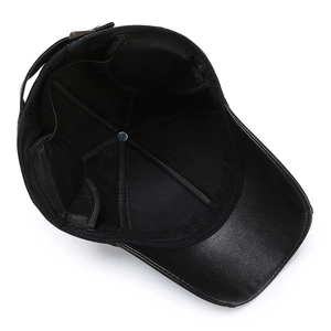 Men's leather baseball cap showing interior stitching and breathable sweatband detail