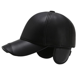 Men's black leather baseball cap with ear flaps and warm winter thermal lining