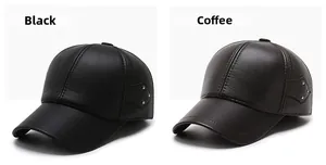 Detailed view of leather baseball caps in black and coffee with side metal rivets