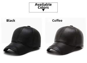 Detail of leather baseball caps in black and coffee colors with lychee texture finish