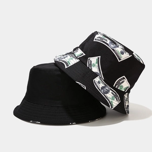 Streetwear bucket hats featuring solid black and dollar print designs in premium canvas