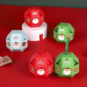 Christmas octagonal gift boxes with ribbons in festive red, green, and light blue colors