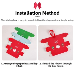 Step-by-step assembly guide for DIY Christmas gift boxes with red ribbon and Santa motif