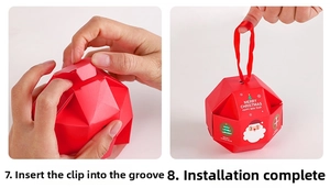 Step-by-step assembly of red geometric Christmas gift box with festive Santa patterns