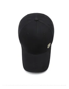 Detailed top view of black cotton baseball cap with sport patch and embossed side brim